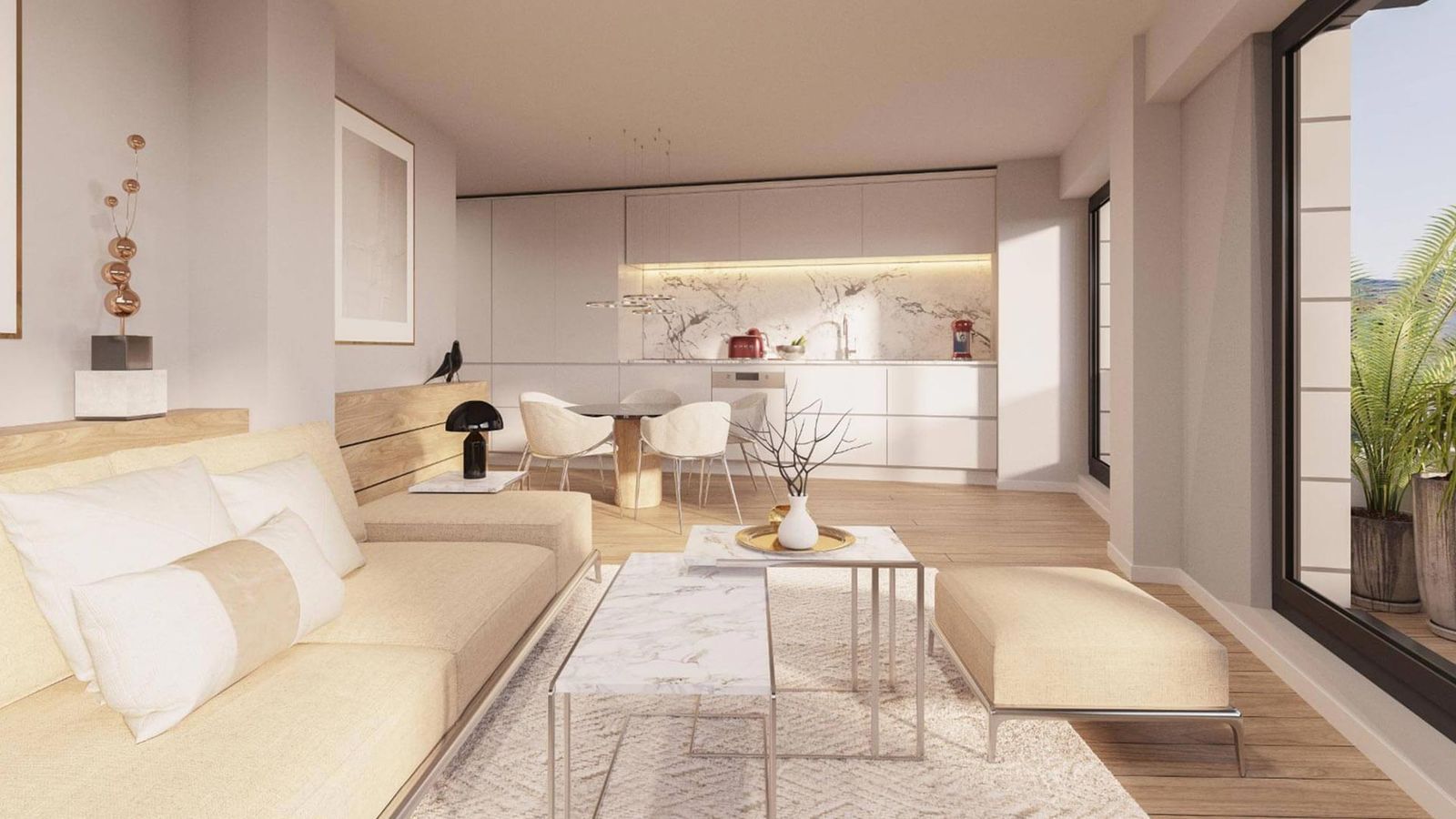 Nowoczesny apartament z salonem, otwartą kuchnią i tarasem.